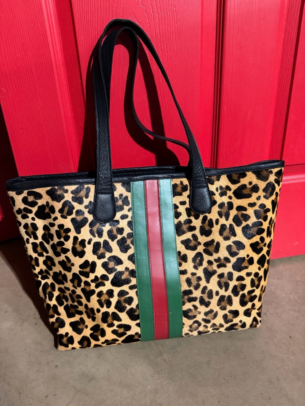 Parker & Hyde Leopard Print Tote Bag with Green and Red Stripe